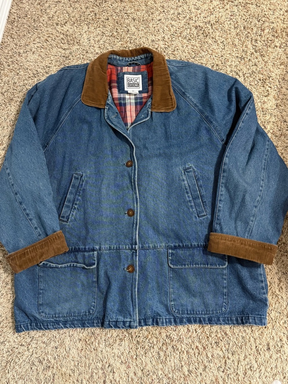 Vintage Basic Editions Blue Denim Jacket with Brown Corduroy Collar Size 3XL